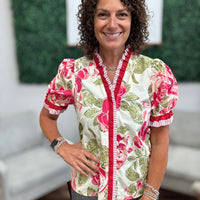 Floral Printed Woven Contrast Edge Ruffled Blouse