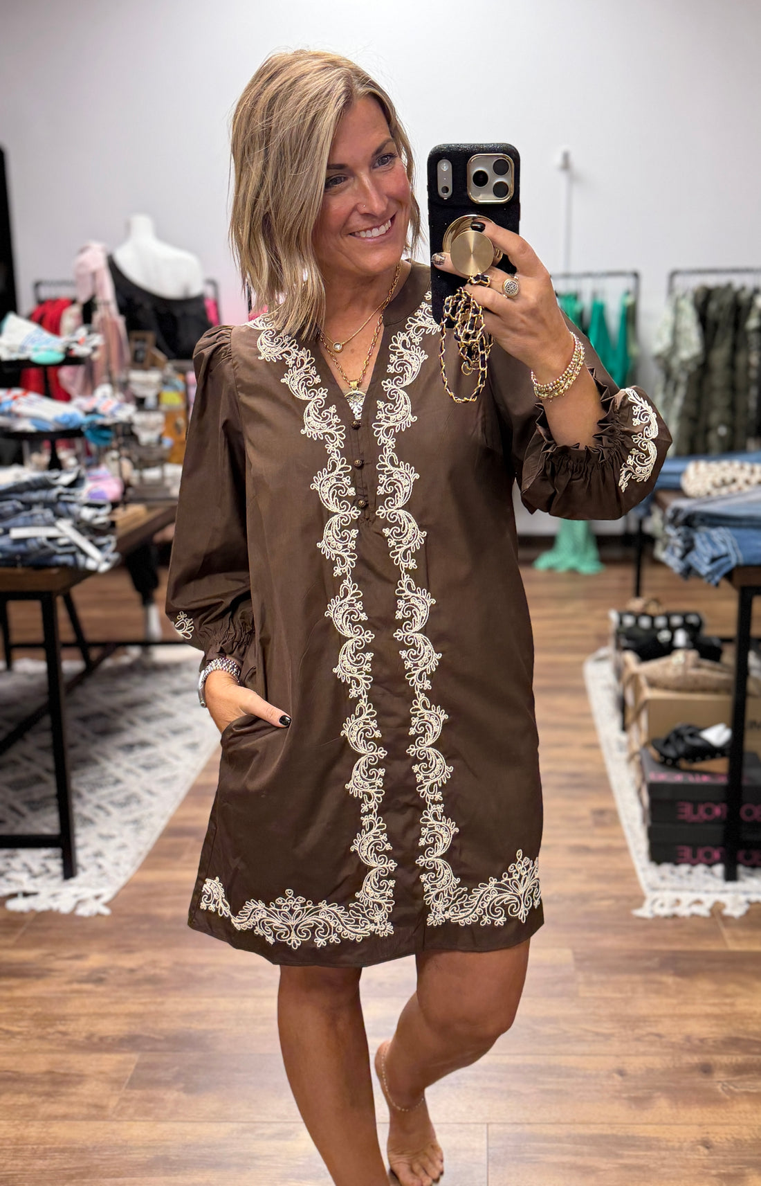 Chocolate Embroidered Shift Dress