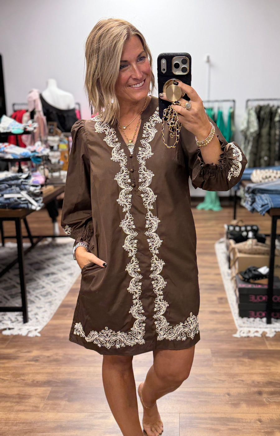 Chocolate Embroidered Shift Dress