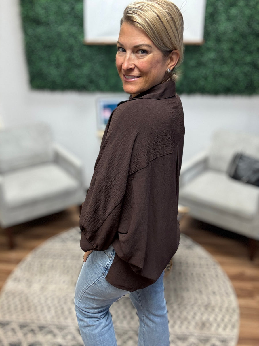 Sloane Button Up Dolman Top - Chocolate
