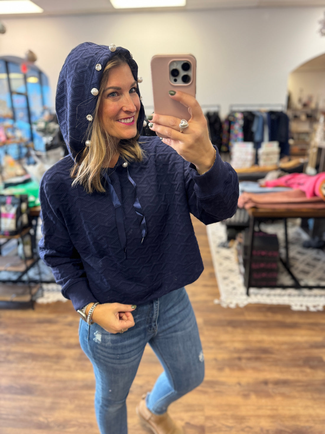 Simply Southern Quilted Crop Hoodie with Embellishments - Navy