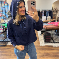 Simply Southern Quilted Crop Hoodie with Embellishments - Navy