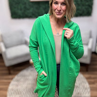 Open Front Longline Cardigan with Hoodie - Green Pop