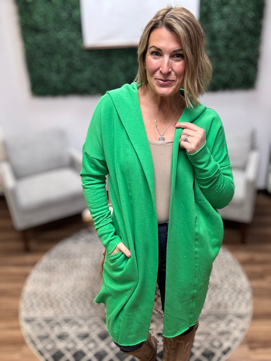 Open Front Longline Cardigan with Hoodie - Green Pop