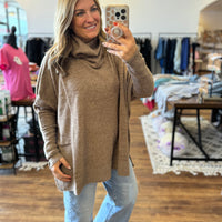 Brushed Melange Cowl Neck Poncho Pullover - Mocha