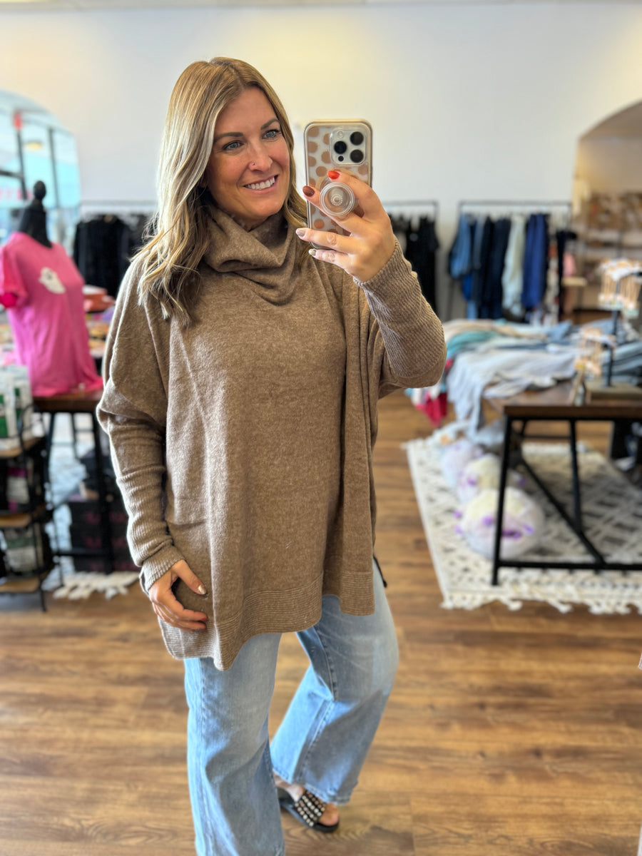 Brushed Melange Cowl Neck Poncho Pullover - Mocha