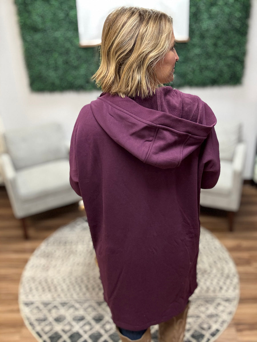 Open Front Longline Cardigan with Hoodie - Plum