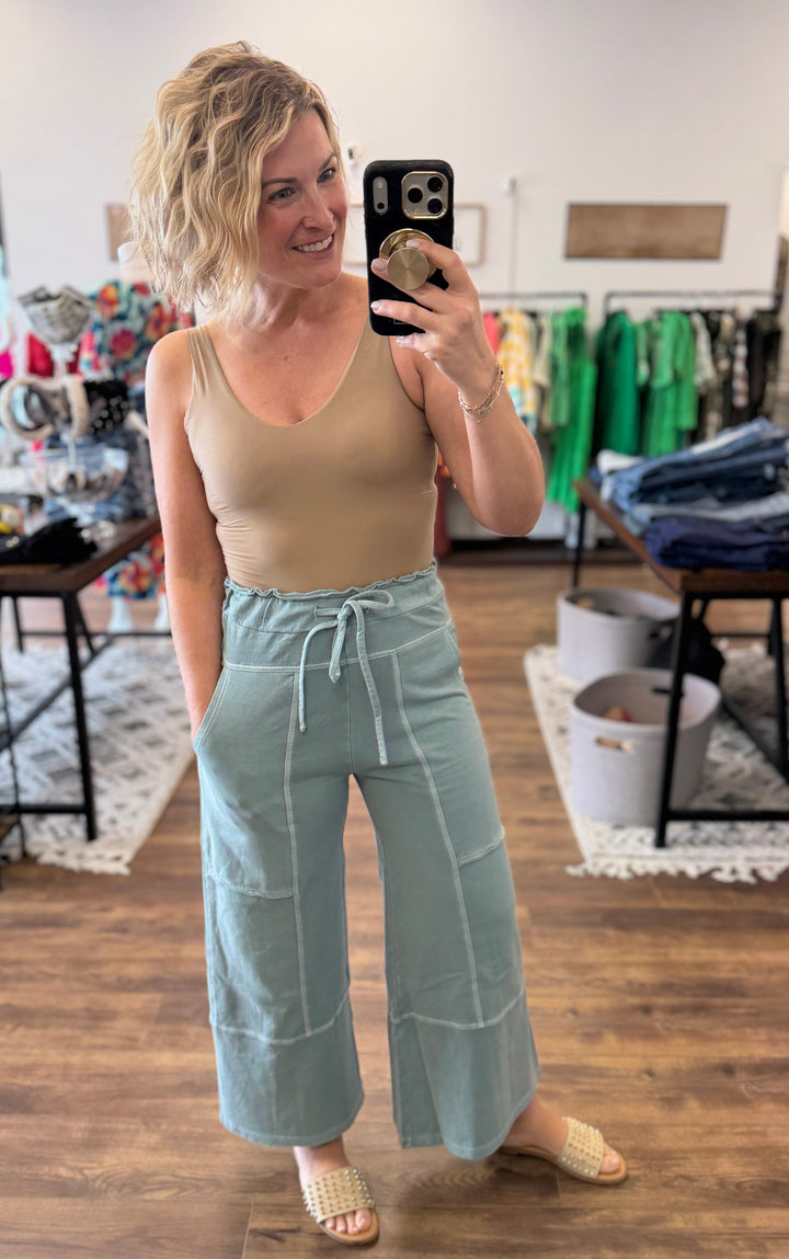 Washed Terry Wide Leg Pants - Ash Jade