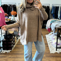 Brushed Melange Cowl Neck Poncho Pullover - Mocha