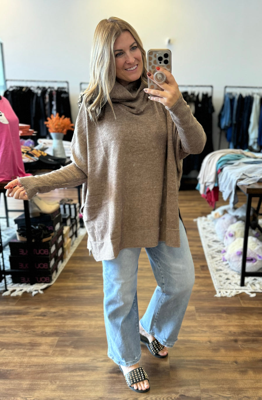 Brushed Melange Cowl Neck Poncho Pullover - Mocha