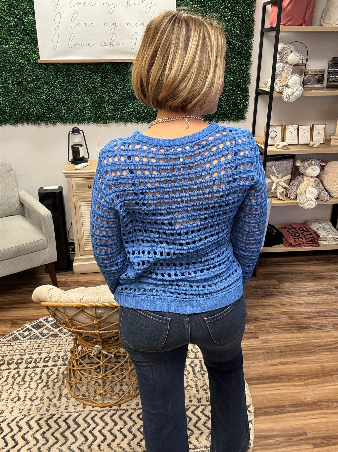 Round Neck Open Gauge Sweater - Blue