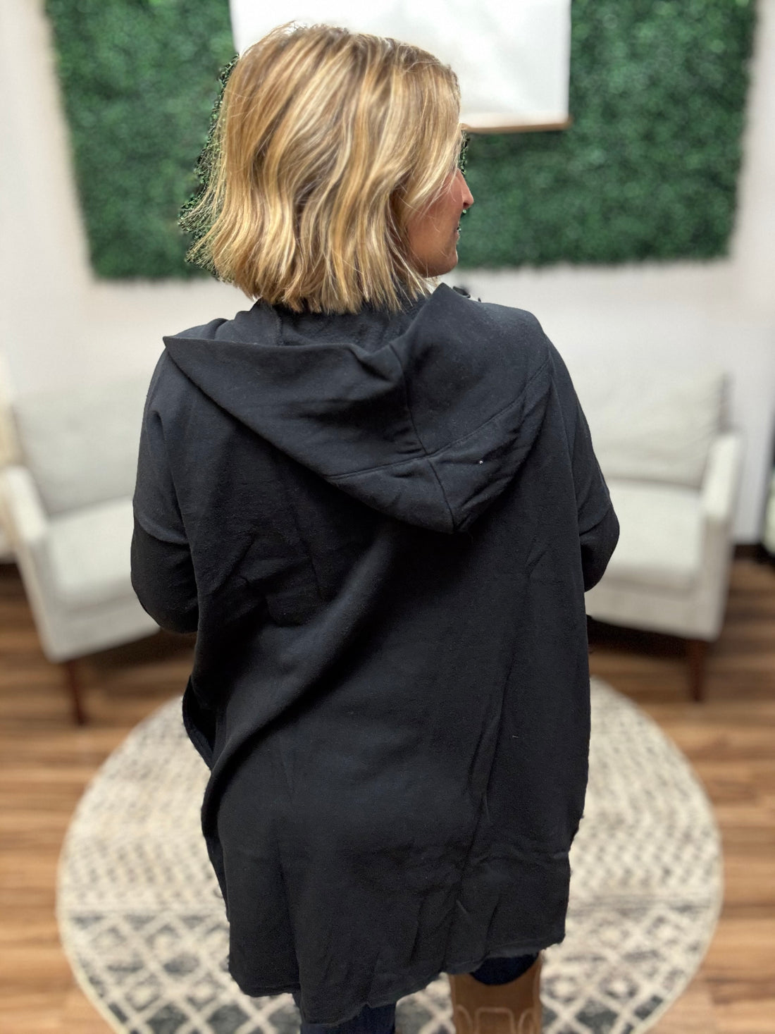 Open Front Longline Cardigan with Hoodie - Black