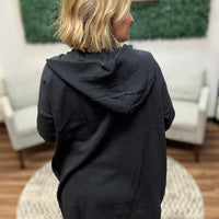 Open Front Longline Cardigan with Hoodie - Black