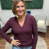 Liverpool - Long Sleeve V-Neck Top w/shirring - Maroon