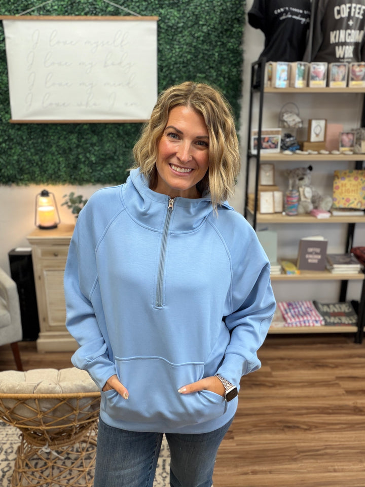 Kayla Luxe Hooded Quarter Zip - Light Blue