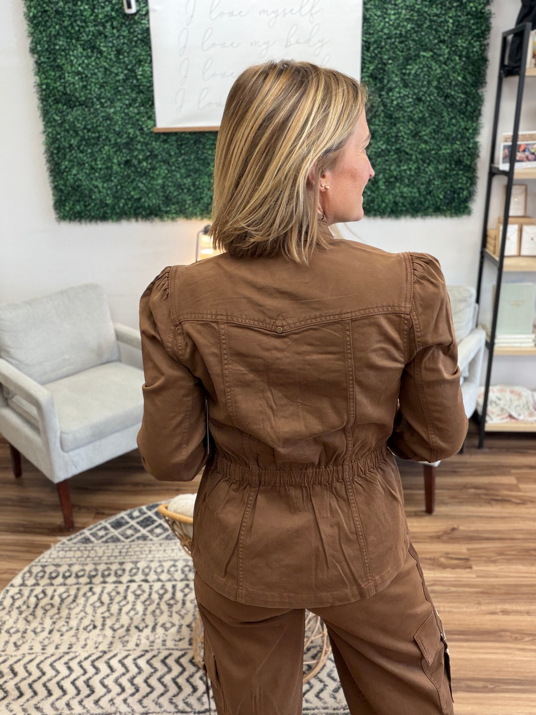 Liverpool - Puff Sleeve Trucker Jacket w/ Ruffle Collar - Carob Brown