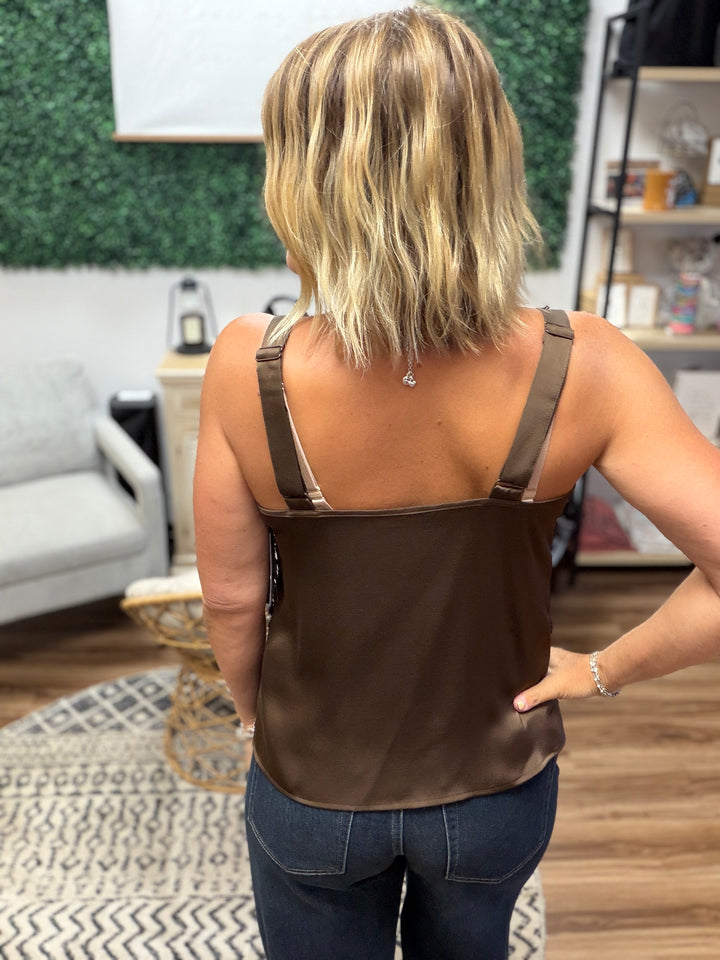 Liverpool - Sleeveless Woven Top with Lace - Dark Espresso