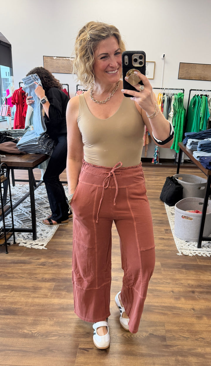 Washed Terry Wide Leg Pants - Rust
