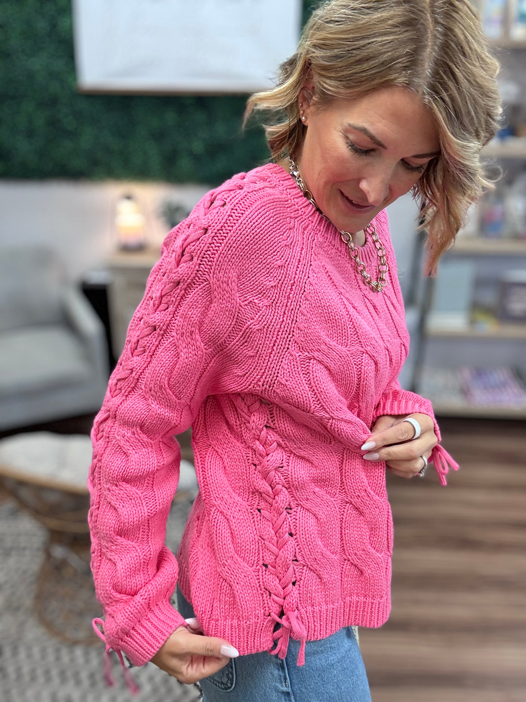Pretty in Pink Cable Knit Sweater
