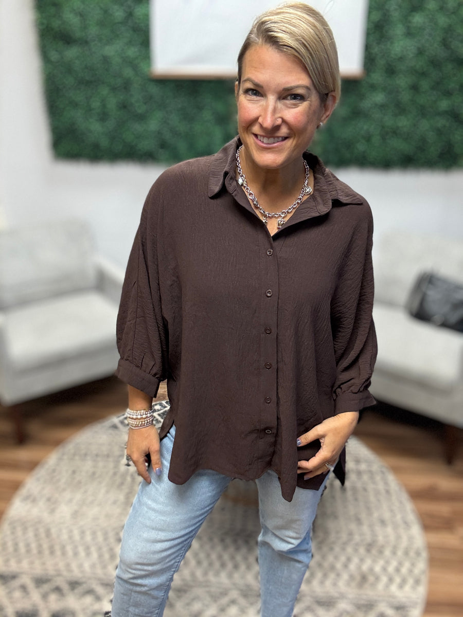 Sloane Button Up Dolman Top - Chocolate