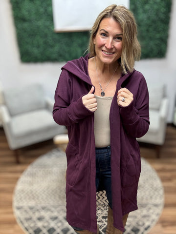 Open Front Longline Cardigan with Hoodie - Plum