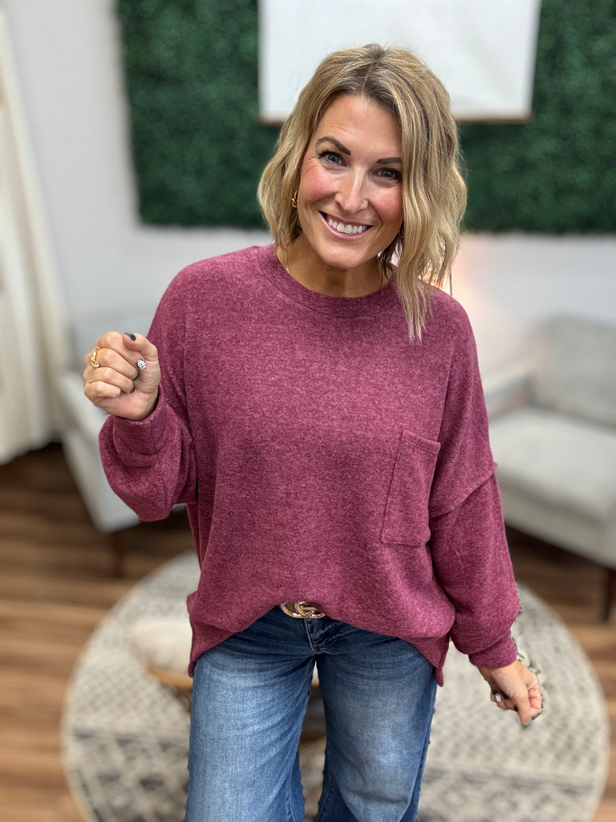 Brushed Melange Drop Shoulder Oversized Top - Eggplant