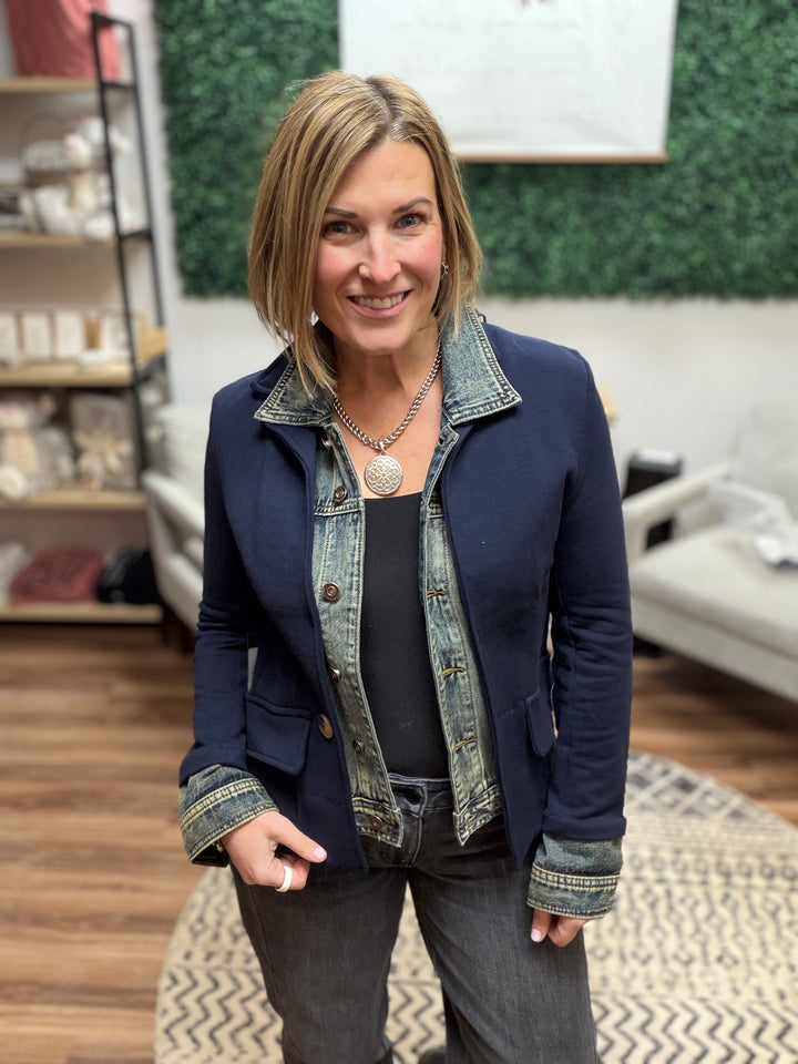 Clarissa - Mixed Media Jacket - Navy
