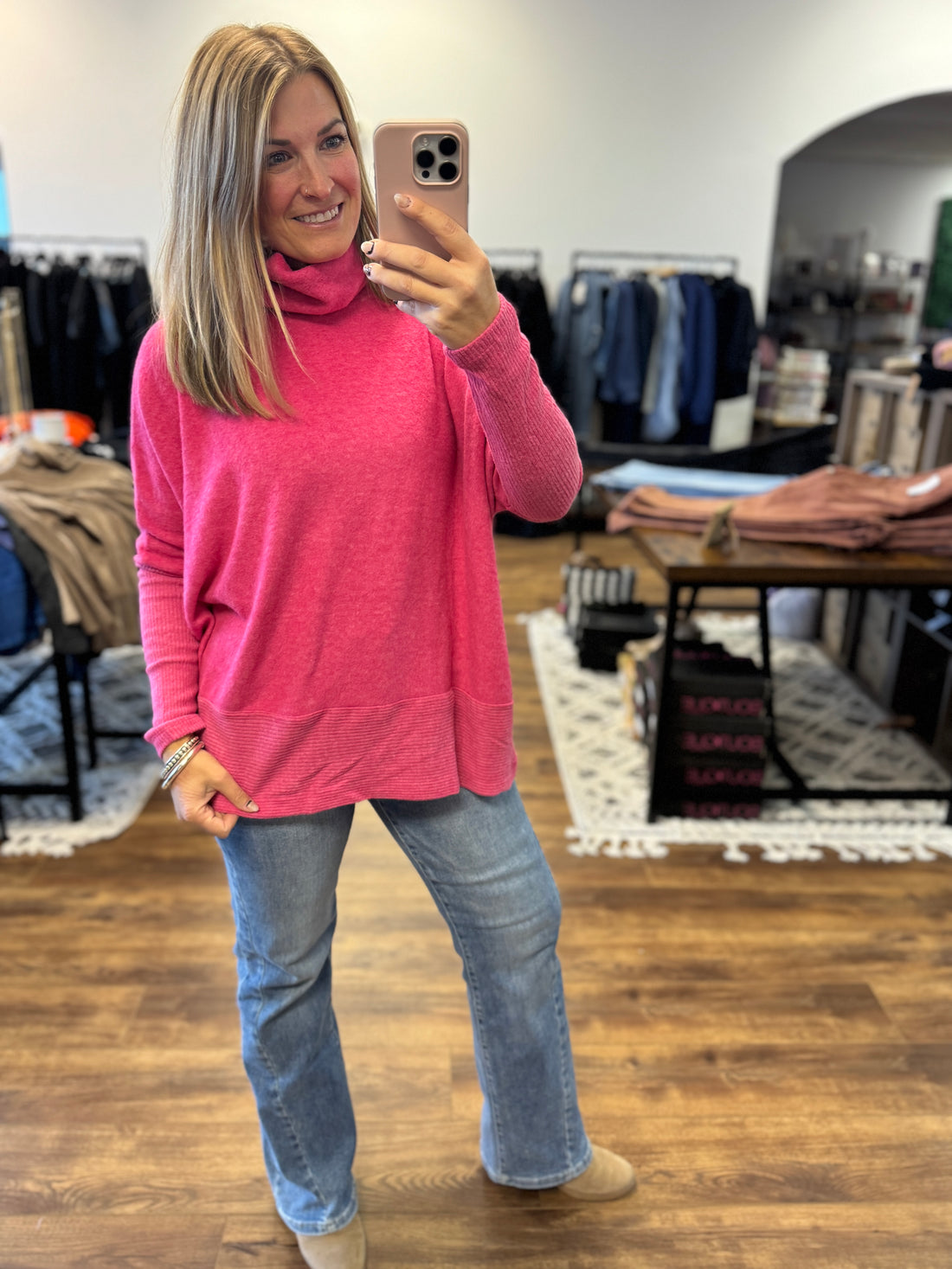 Brushed Melange Turtleneck Poncho Pullover - Fuchsia