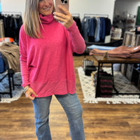 Brushed Melange Turtleneck Poncho Pullover - Fuchsia