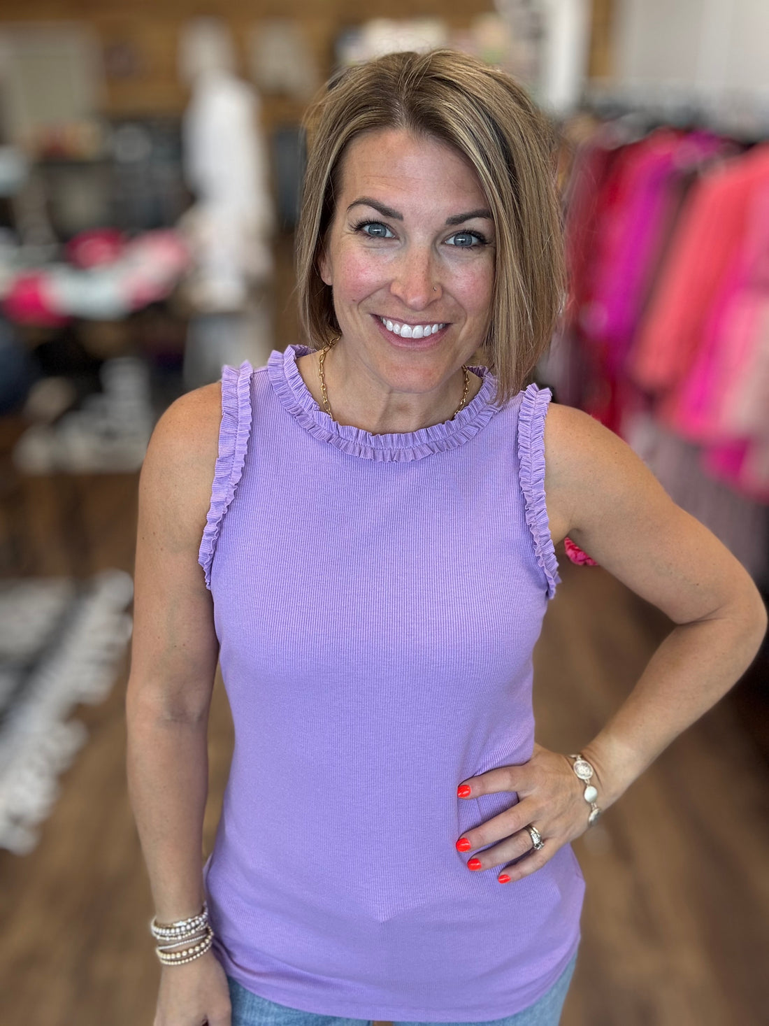 Ribbed Tank with Ruffle Detail - Lavender