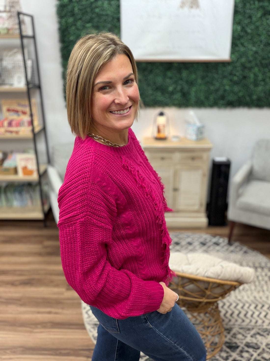 Liverpool - Long Sleeve Crew Neck Sweater with Fringe - Raspberry