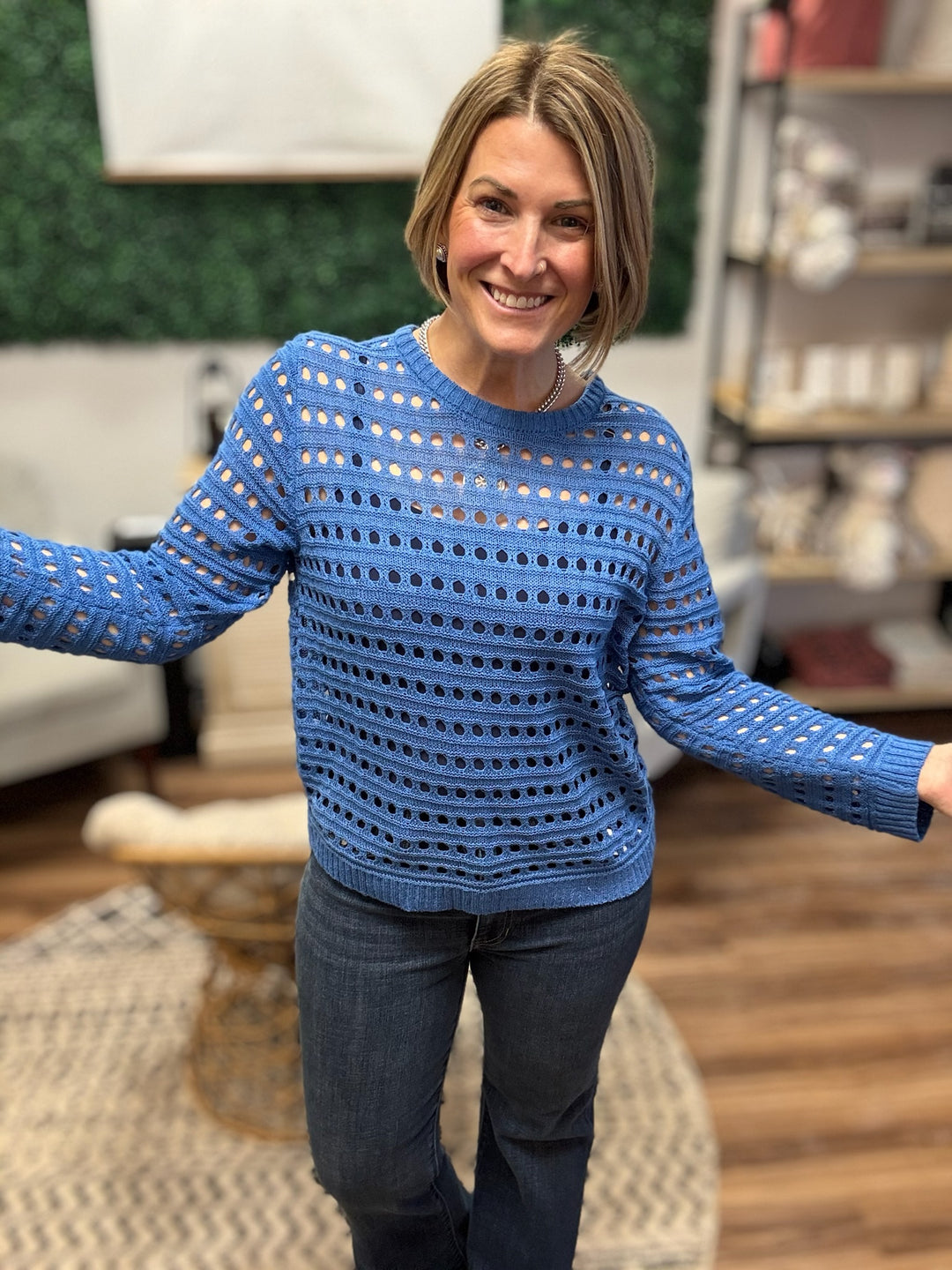 Round Neck Open Gauge Sweater - Blue