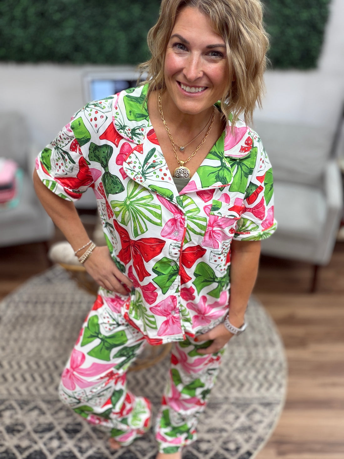 Christmas Bows Lounge Pant + Top Pajama Set