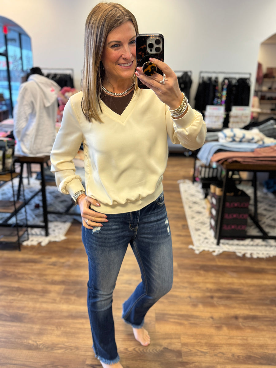Lainey - Long Sleeve V Neck Sateen Pullover  - Cream