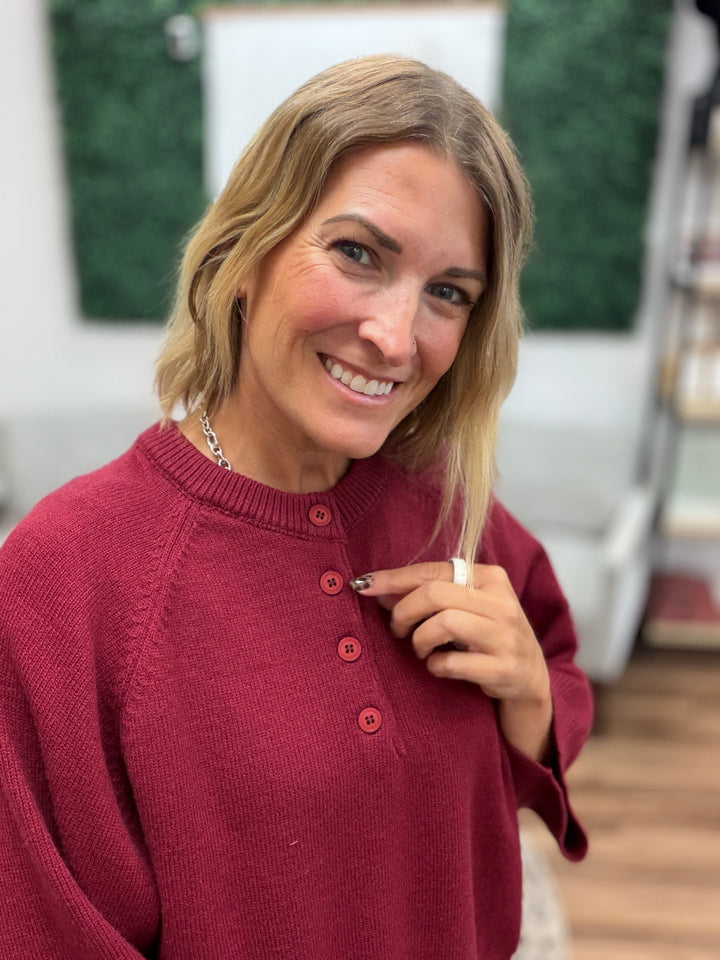 Buttoned Up Short Sleeve Sweater - Burgundy