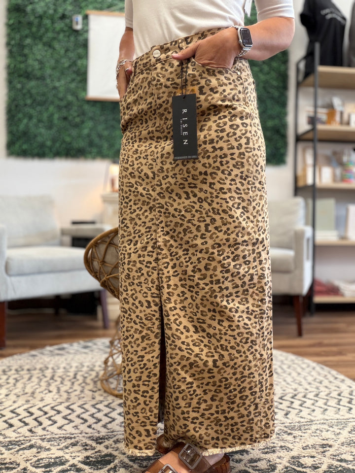 Risen - Leopard Print Denim Maxi Skirt