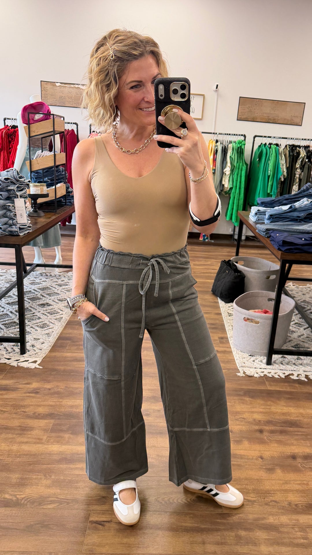 Washed Terry Wide Leg Pants - Vintage Black