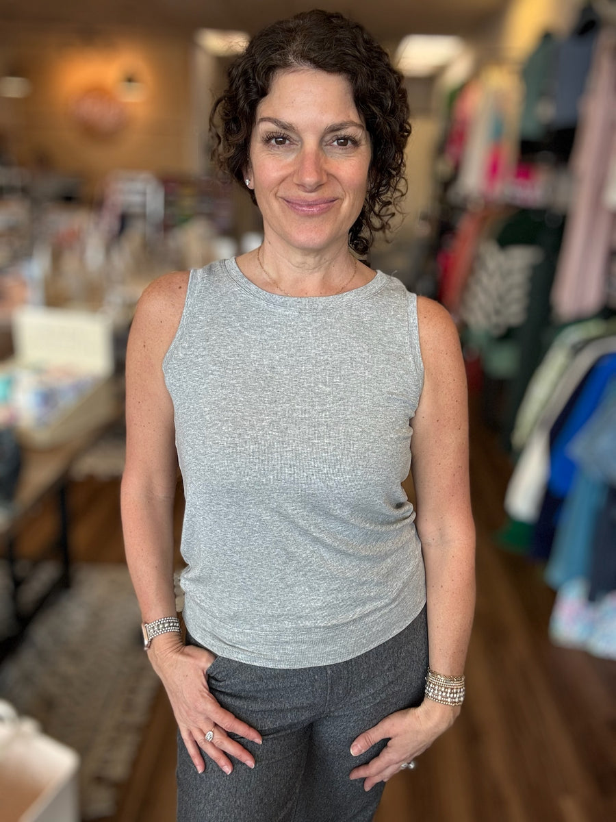 Ribbed Viscose Crew Neck Loose Fit Tank - Grey