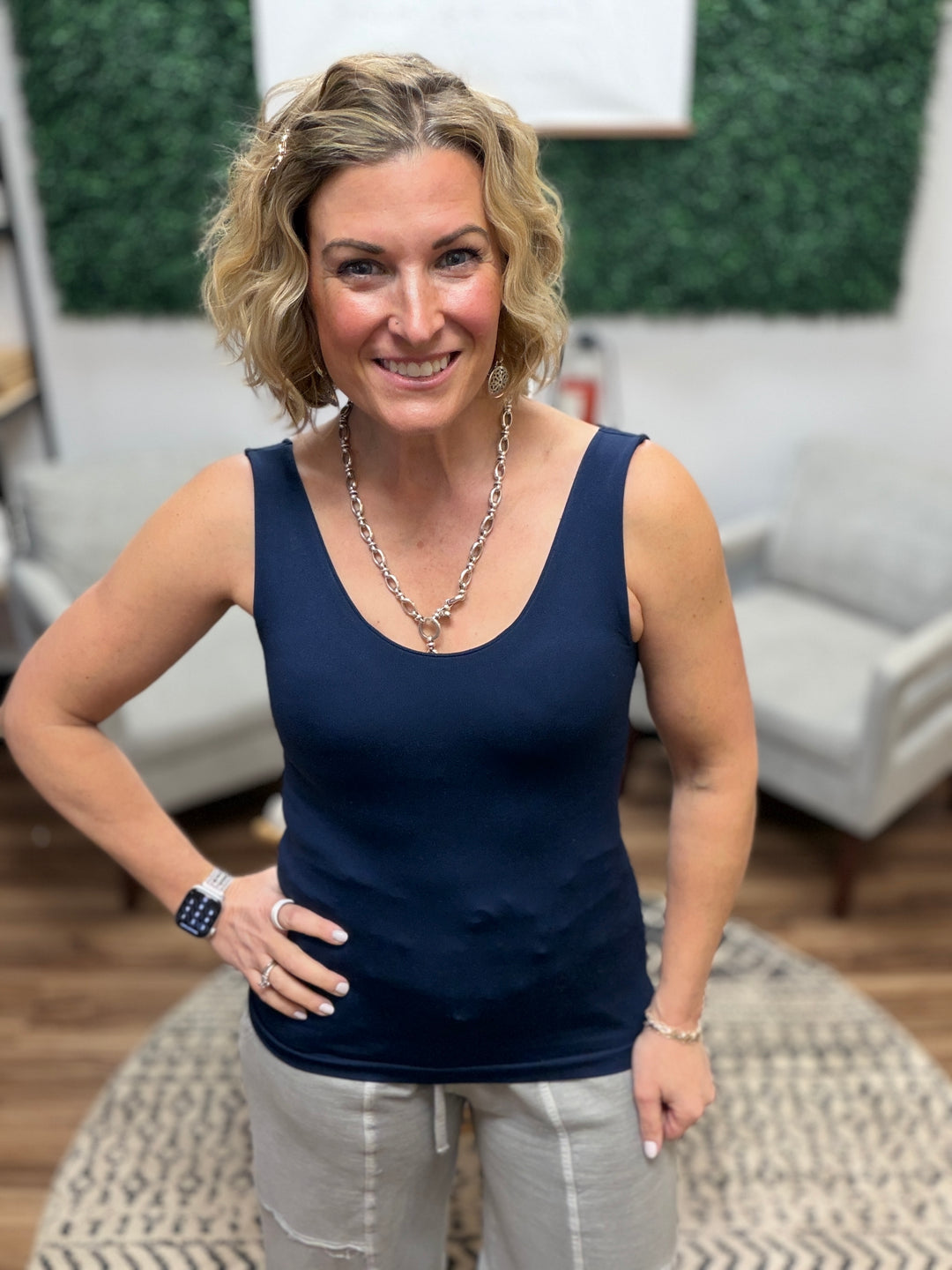 Seamless Tank with Built In Bra - Navy