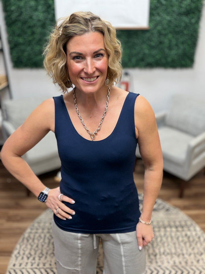 Seamless Tank with Built In Bra - Navy