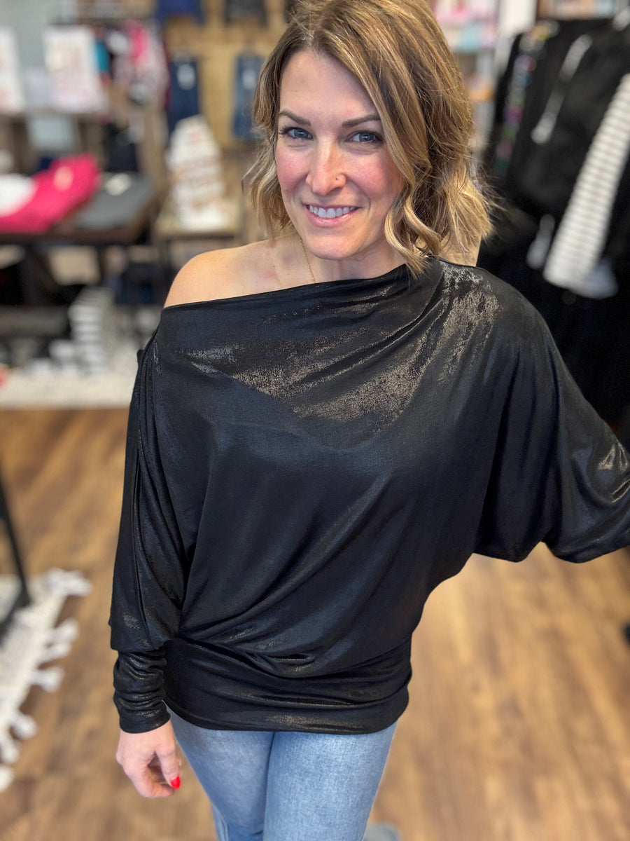 Metallic Foil Knit Top with Dolman Sleeves