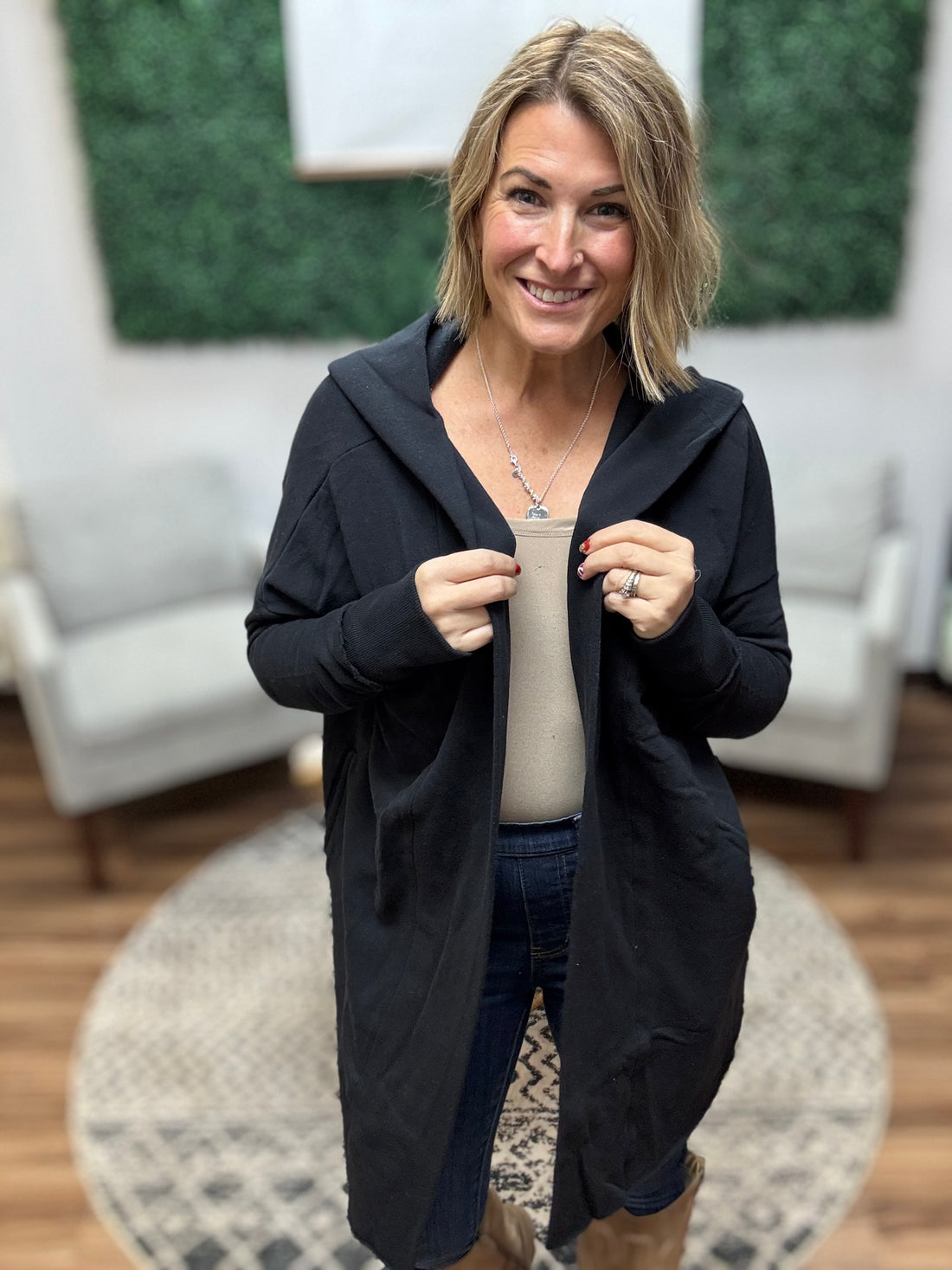 Open Front Longline Cardigan with Hoodie - Black