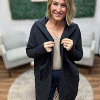 Open Front Longline Cardigan with Hoodie - Black
