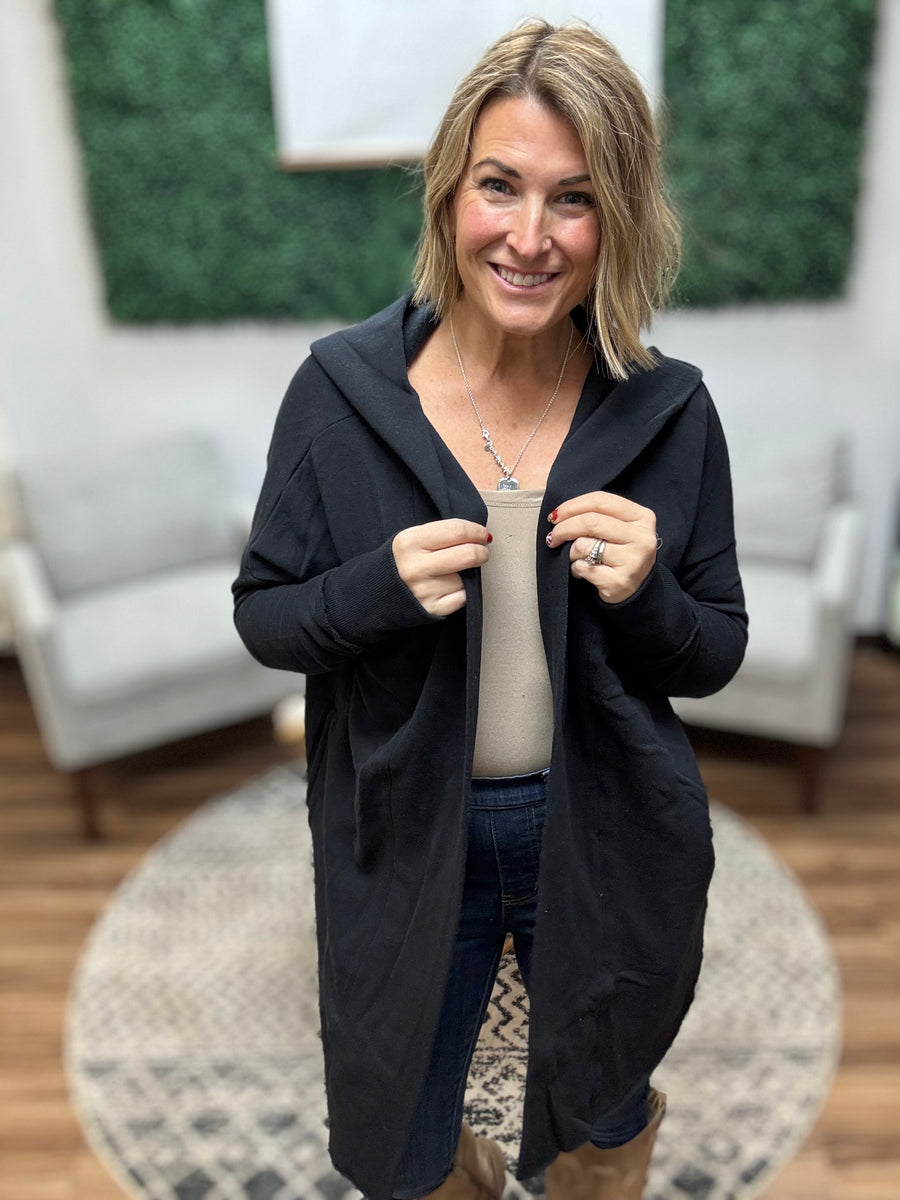 Open Front Longline Cardigan with Hoodie - Black