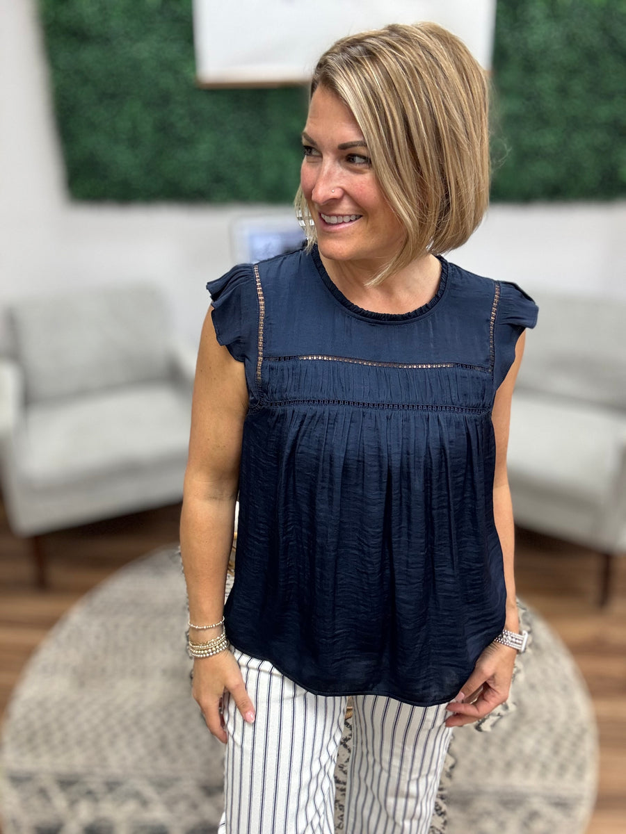 Liverpool - Flutter Sleeve Woven Blouse with Trim Detail