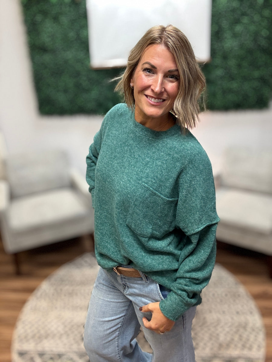 Brushed Melange Drop Shoulder Oversized Top - Dark Green