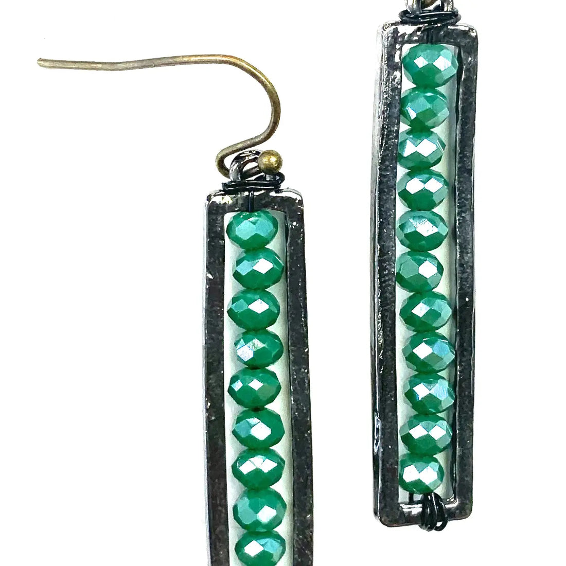 Thin Beaded Rectangular Emerald Dangle Earrings