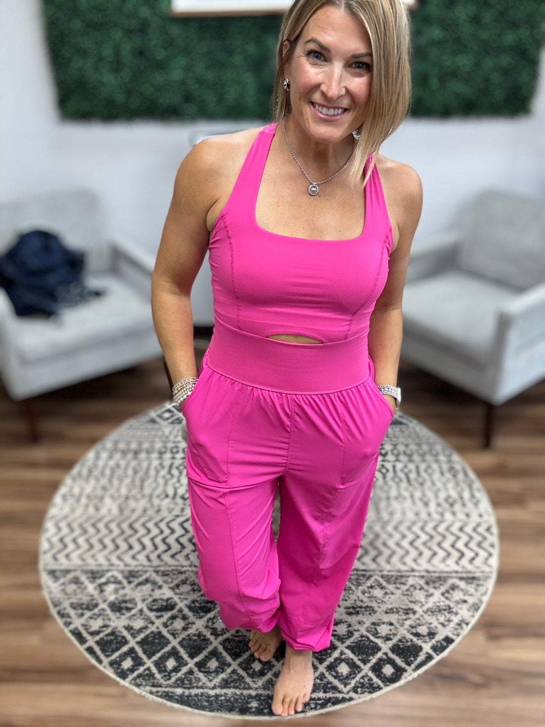 Sleeveless Jogger Jumpsuit with Cut Out - Hot Pink