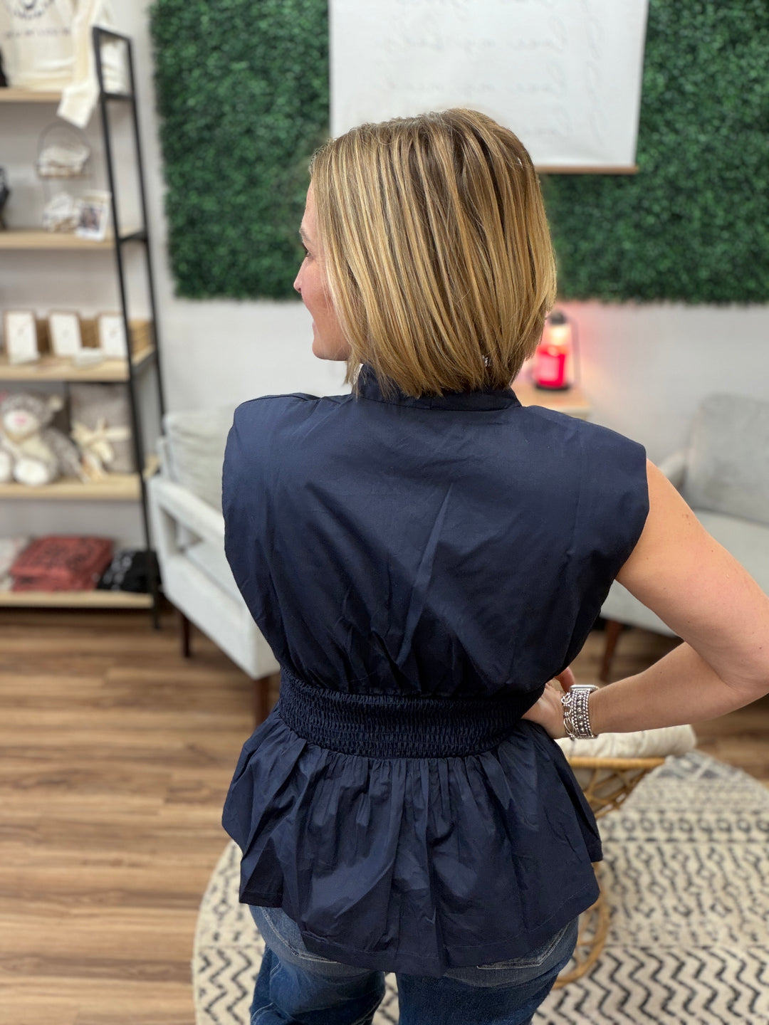 Zip It &amp; Go Smocked Peplum Top - Navy