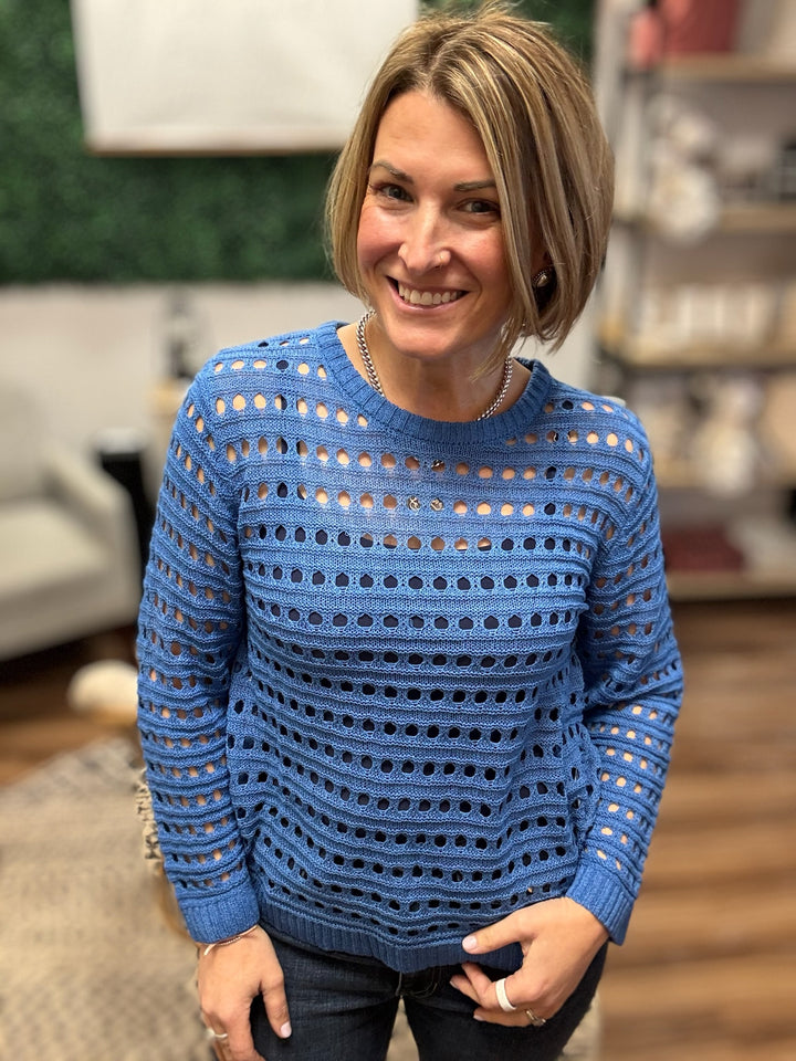 Round Neck Open Gauge Sweater - Blue
